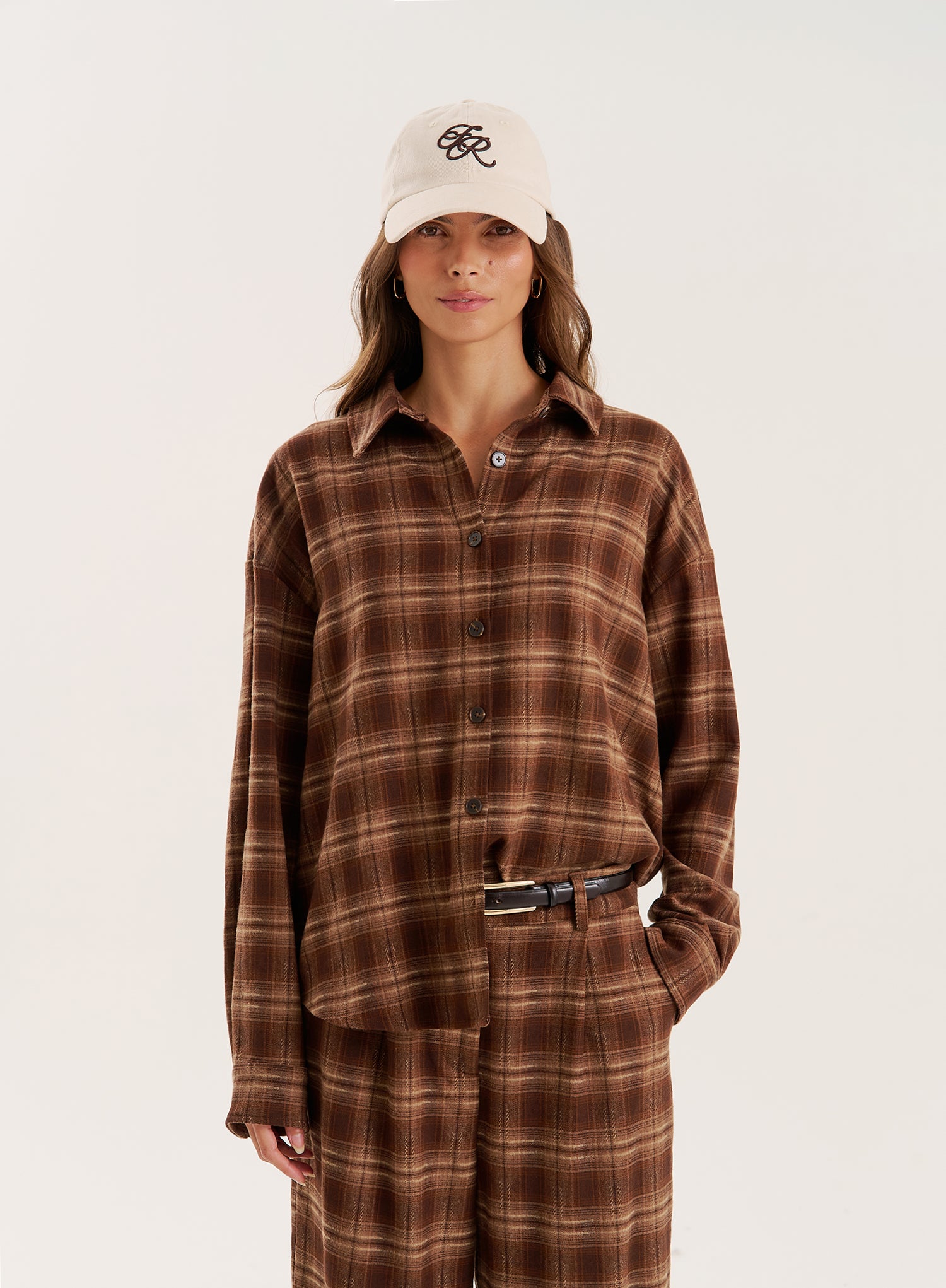 Brown Check Printed Oversized Shirt